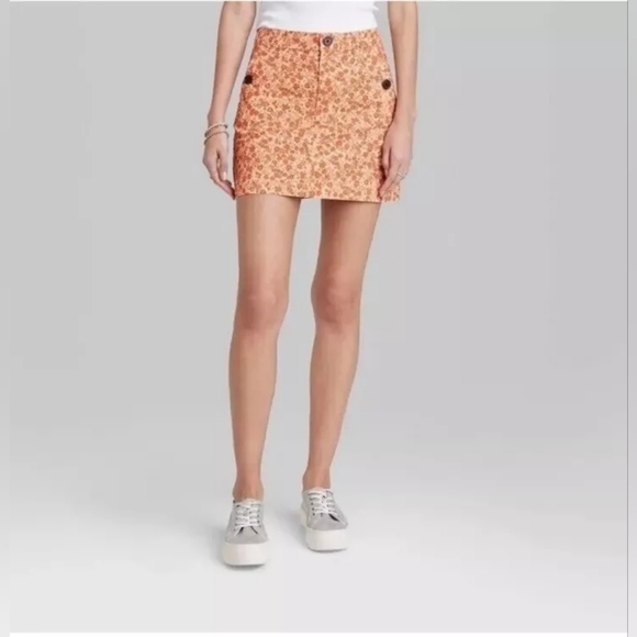 Wild Fable-Orange Floral Chino Button Detail High Rise Mini Skirt - Picture 3 of 5